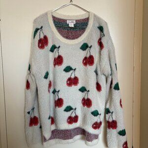 Fuzzy White Cherry Print Sweater
